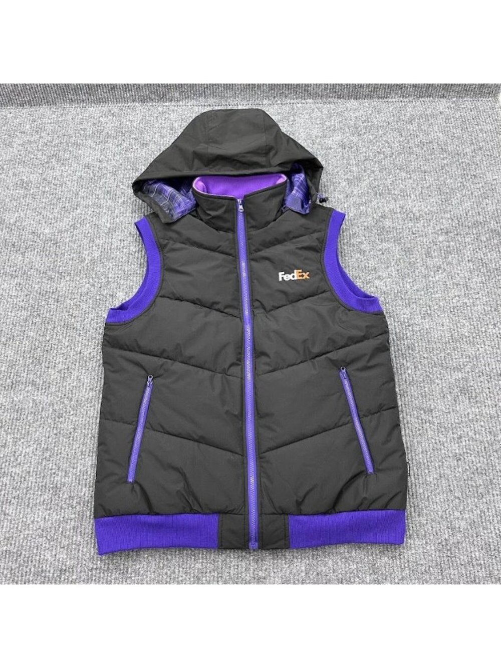 FedEx Winter Uniform Puffer Vest Sleeveless Full Zip Hooded Womens Plus size 2XL